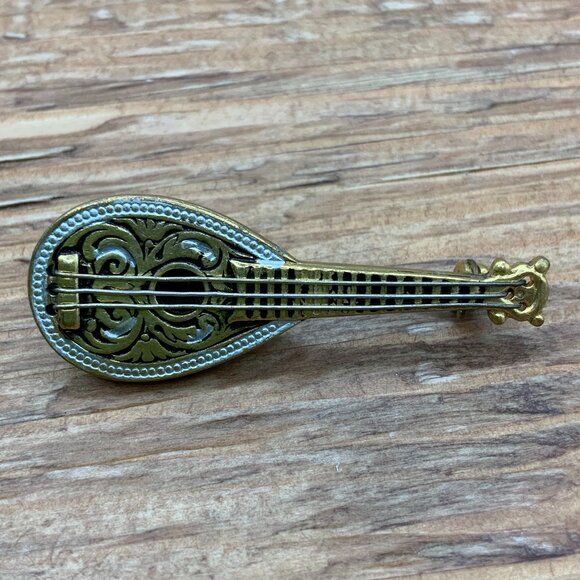 Vintage Jewelry - Spanish Damascene Mandolin Vintage Gold Tone Brooch Pin